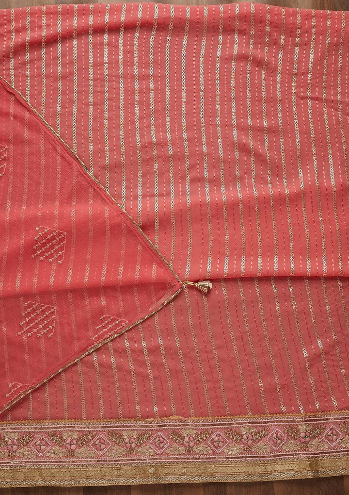 Onion Pink Zariwork Georgette Unstitched Salwar Suit-Koskii
