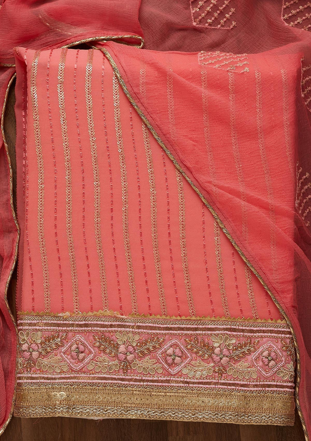 Onion Pink Zariwork Georgette Unstitched Salwar Suit-Koskii