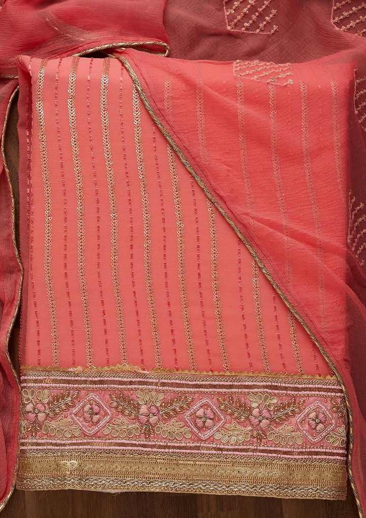 Onion Pink Zariwork Georgette Unstitched Salwar Suit-Koskii