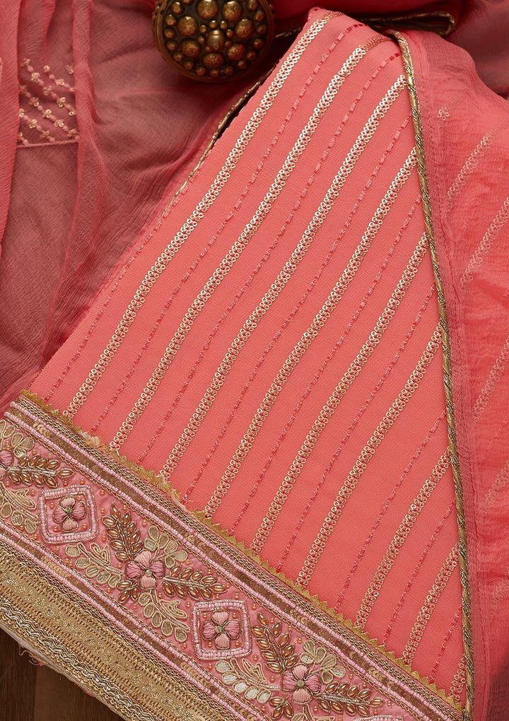 Onion Pink Zariwork Georgette Unstitched Salwar Suit-Koskii