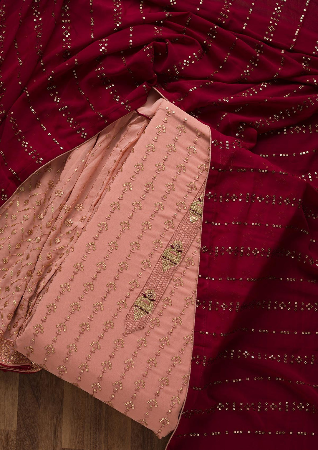 Onion Pink Zariwork Georgette Unstitched Salwar Suit-Koskii