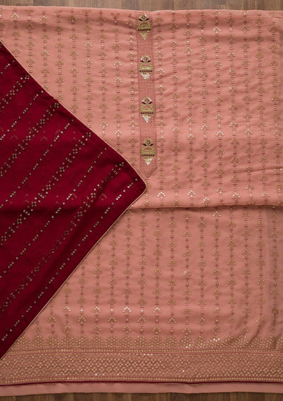 Onion Pink Zariwork Georgette Unstitched Salwar Suit-Koskii