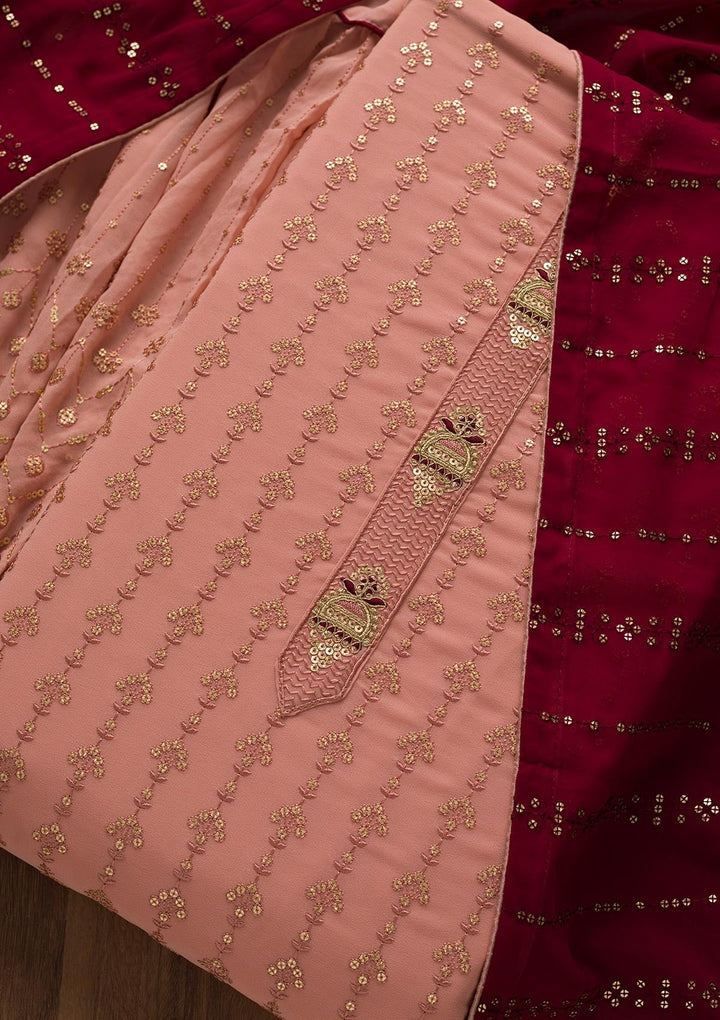 Onion Pink Zariwork Georgette Unstitched Salwar Suit-Koskii