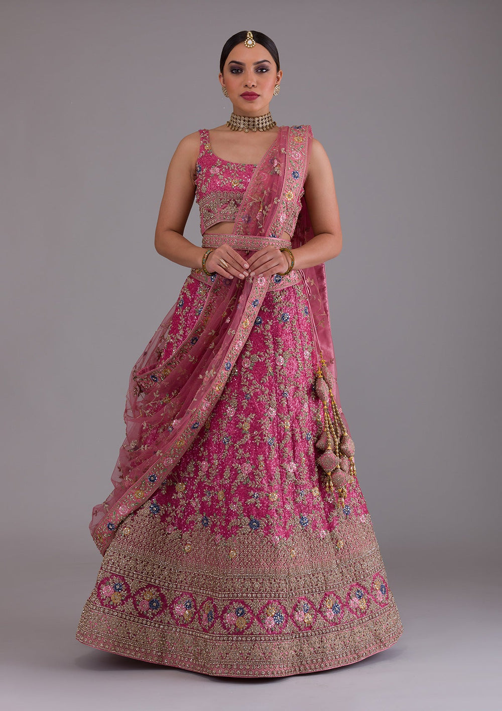 Onion Pink Zariwork Net Designer Lehenga-Koskii