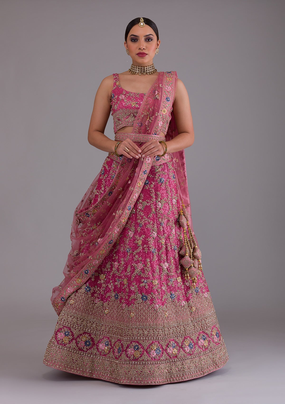Onion Pink Zariwork Net Designer Lehenga-Koskii