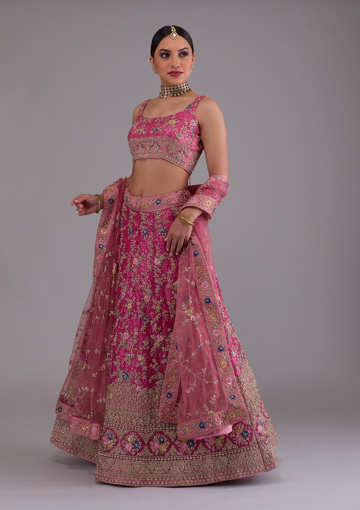 Onion Pink Zariwork Net Designer Lehenga-Koskii