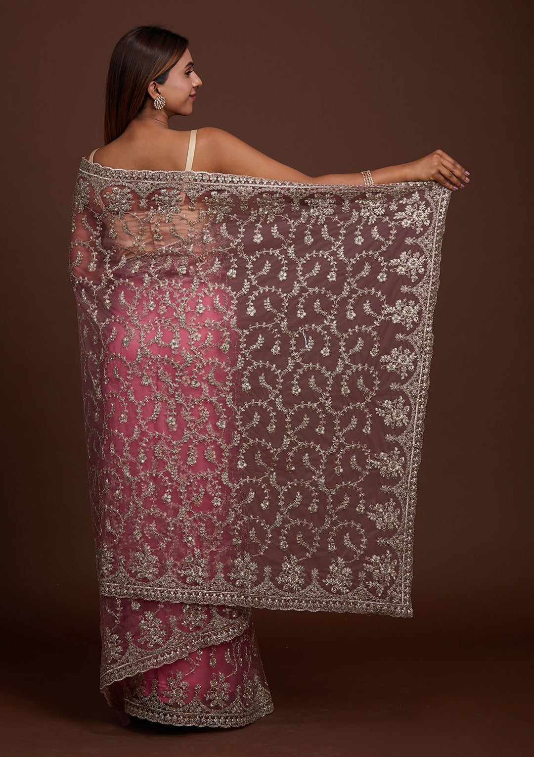 Onion Pink Zariwork Net Saree-Koskii