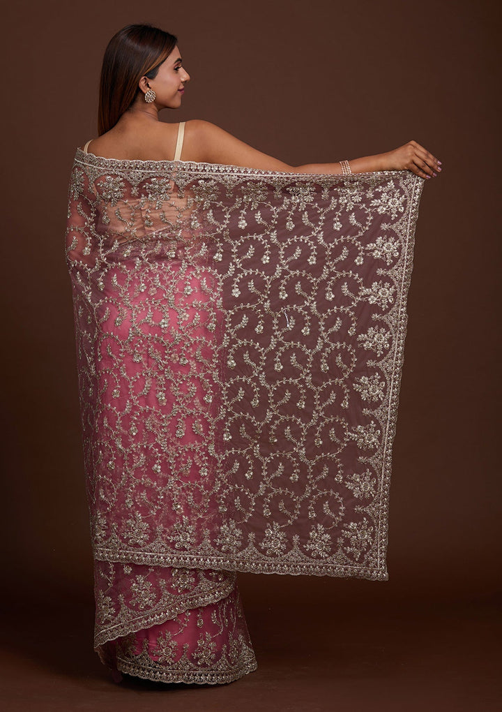 Onion Pink Zariwork Net Saree-Koskii