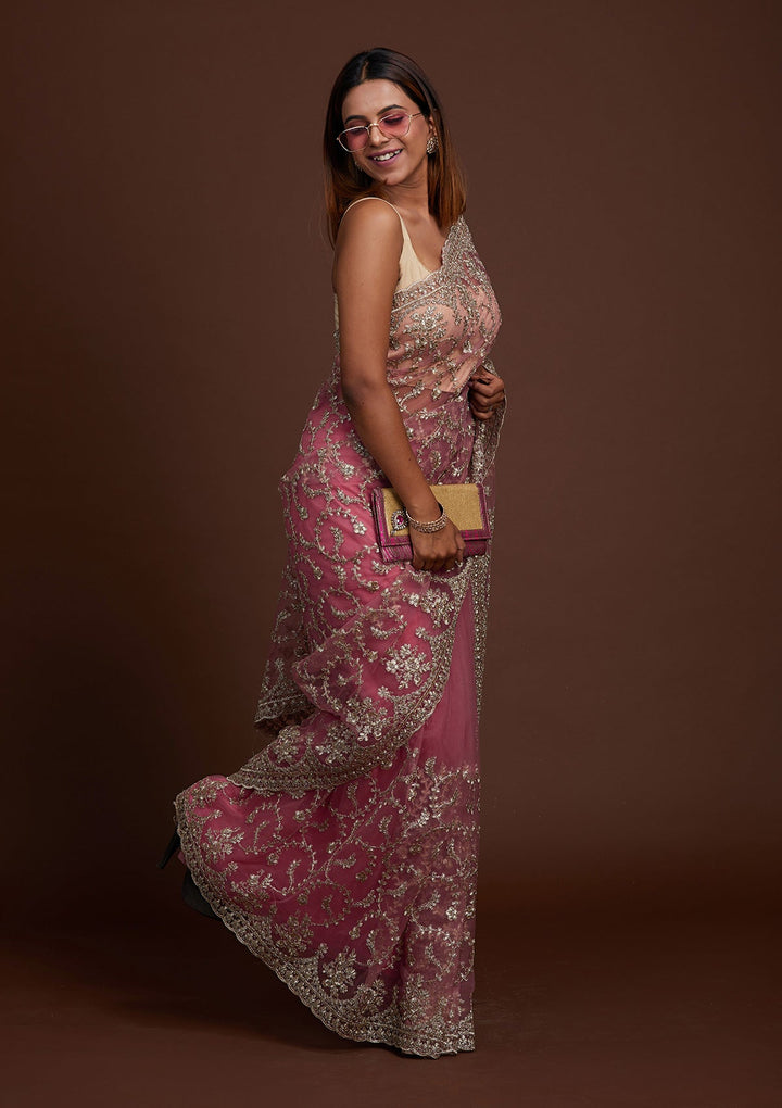 Onion Pink Zariwork Net Saree-Koskii