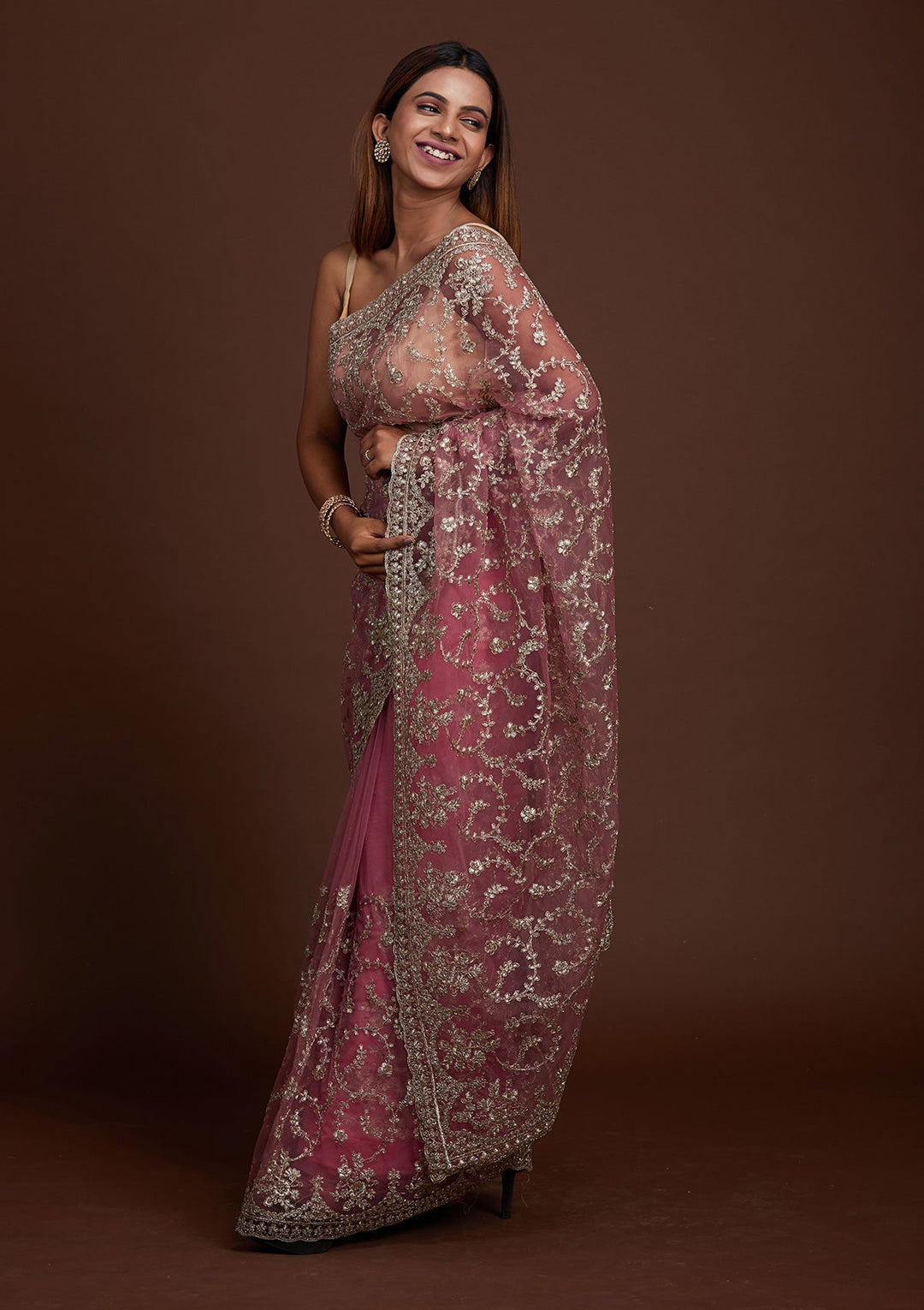 Onion Pink Zariwork Net Saree-Koskii