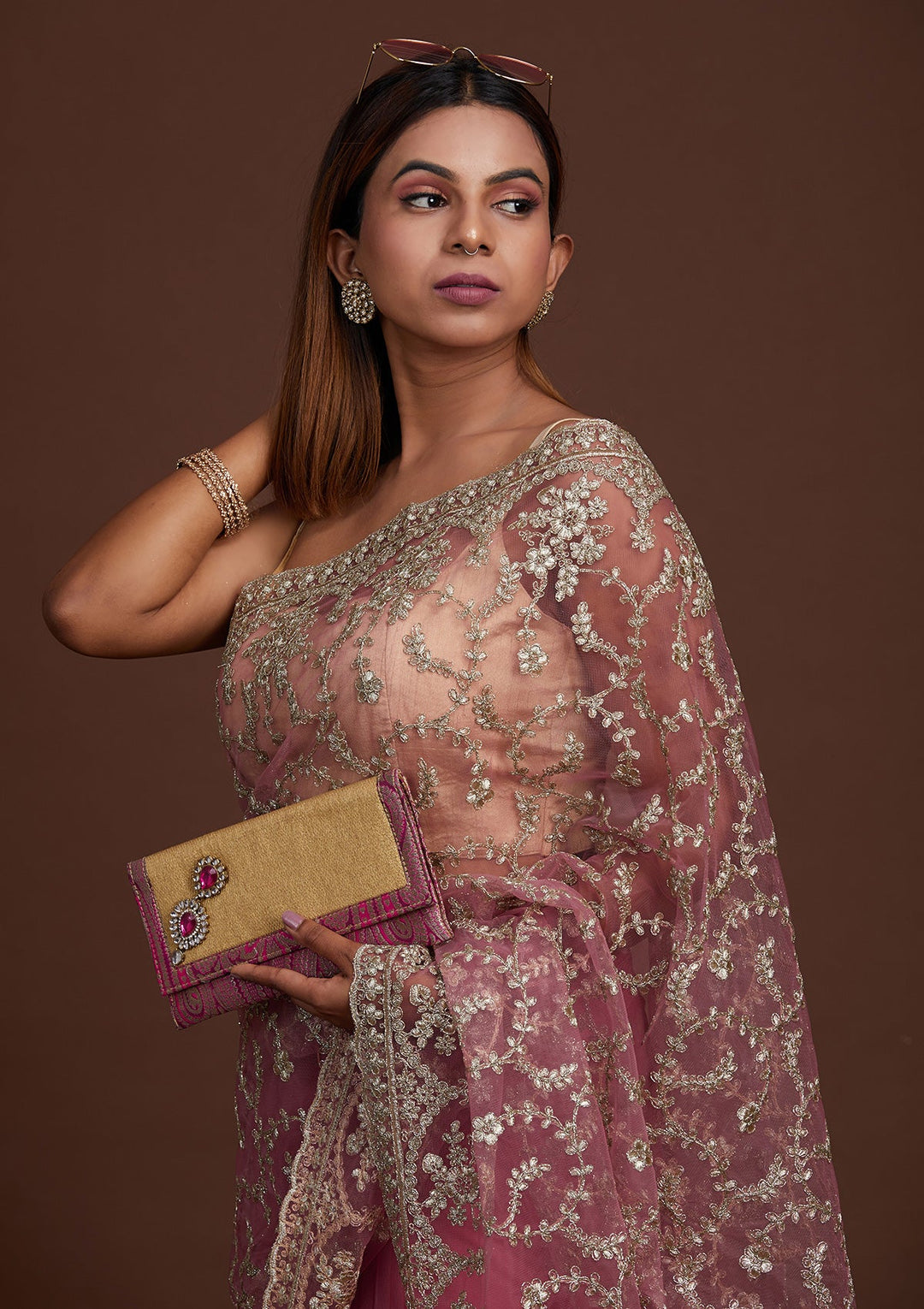 Onion Pink Zariwork Net Saree-Koskii