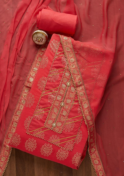 Onion Pink Zariwork Raw Silk Unstitched Salwar Suit-Koskii