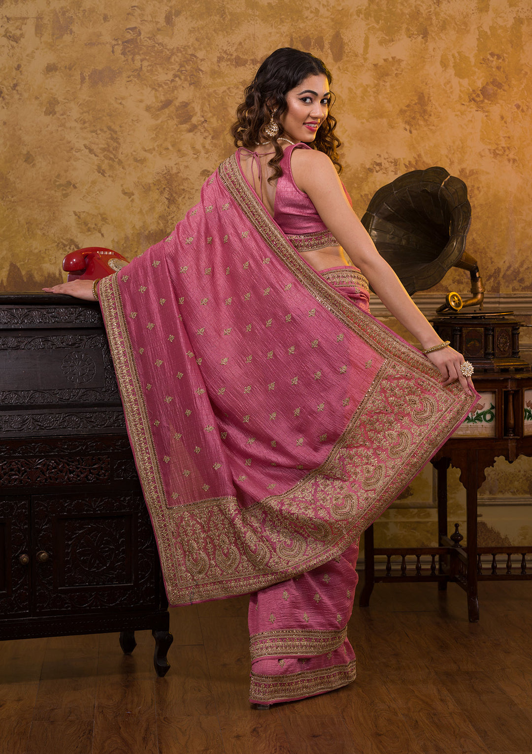 Onion Pink Zari Work Raw Silk Saree-Koskii