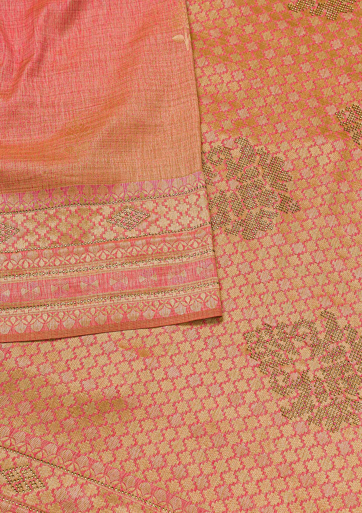 Onion Pink Zariwork Raw Silk Saree-Koskii