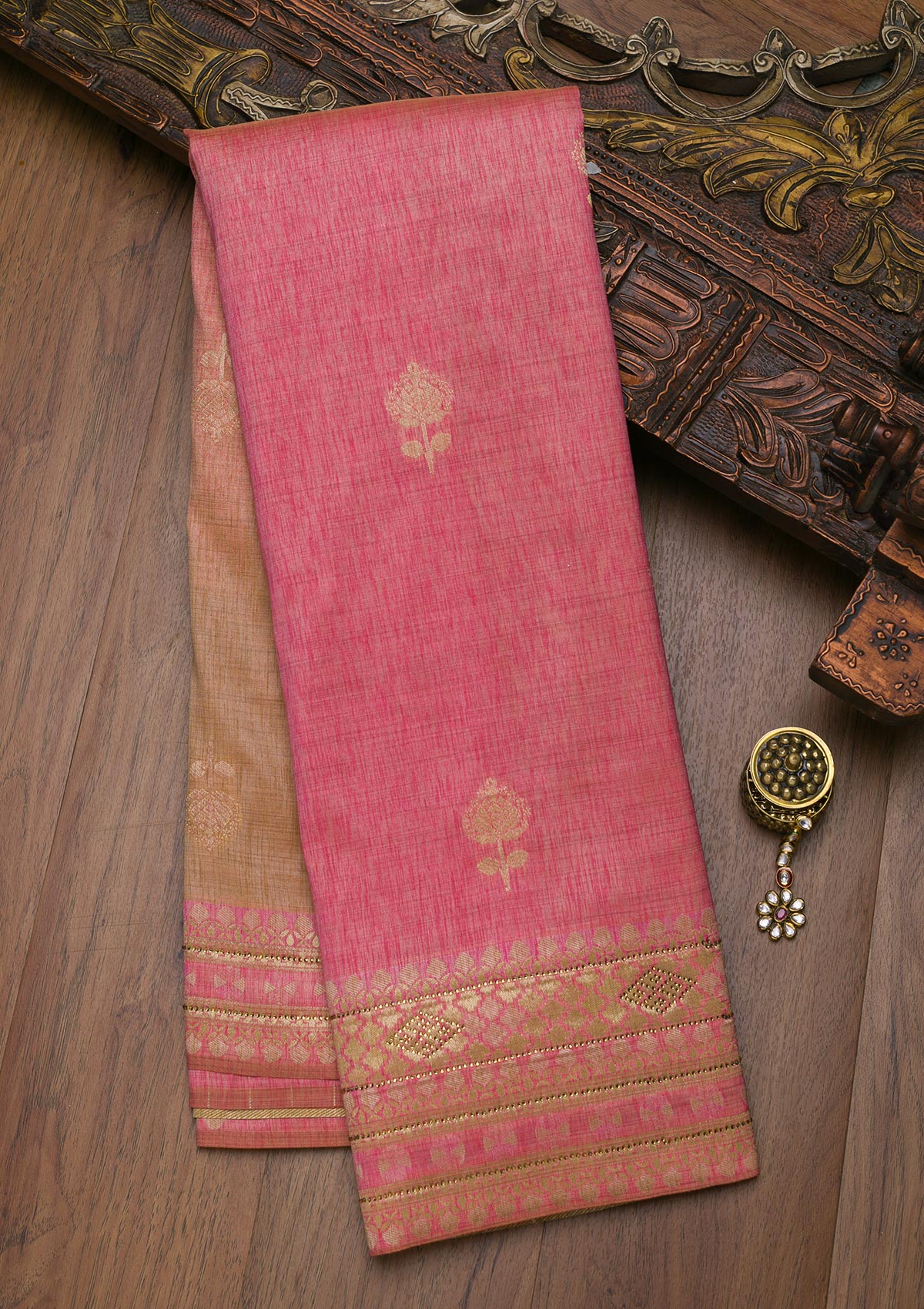 Onion Pink Zariwork Raw Silk Saree-Koskii