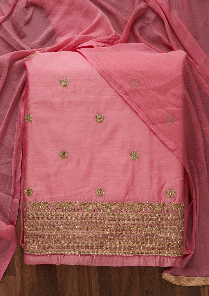 Onion Pink Zariwork Semi Crepe Designer Unstitched Salwar Suit - Koskii