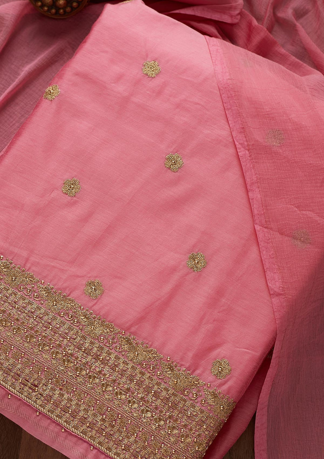 Onion Pink Zariwork Semi Crepe Designer Unstitched Salwar Suit - Koskii