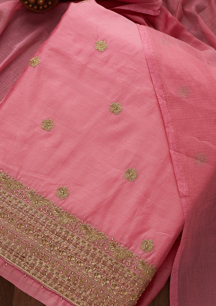 Onion Pink Zariwork Semi Crepe Designer Unstitched Salwar Suit - Koskii