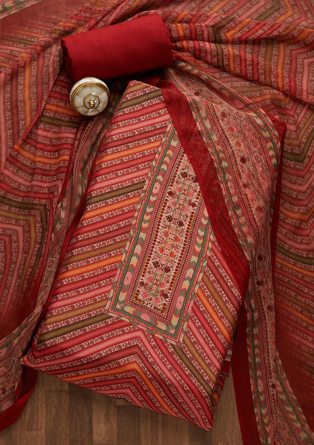 Onion Pink Zariwork Semi Crepe Unstitched Salwar Suit-Koskii