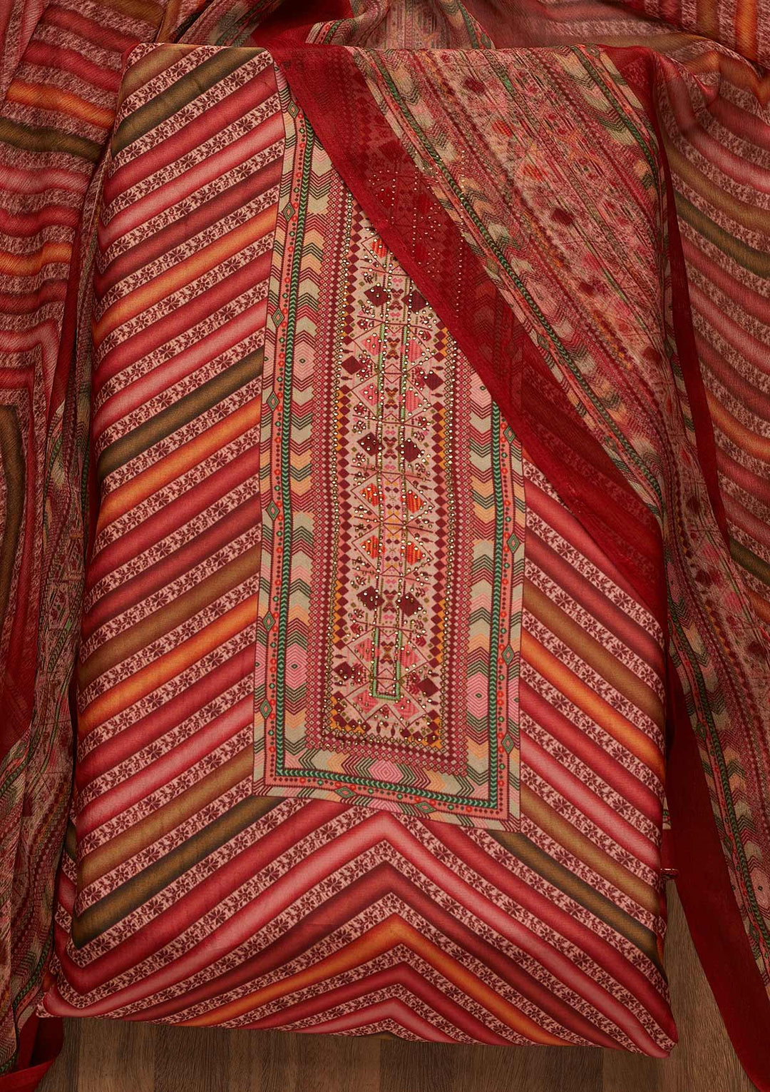 Onion Pink Zariwork Semi Crepe Unstitched Salwar Suit-Koskii