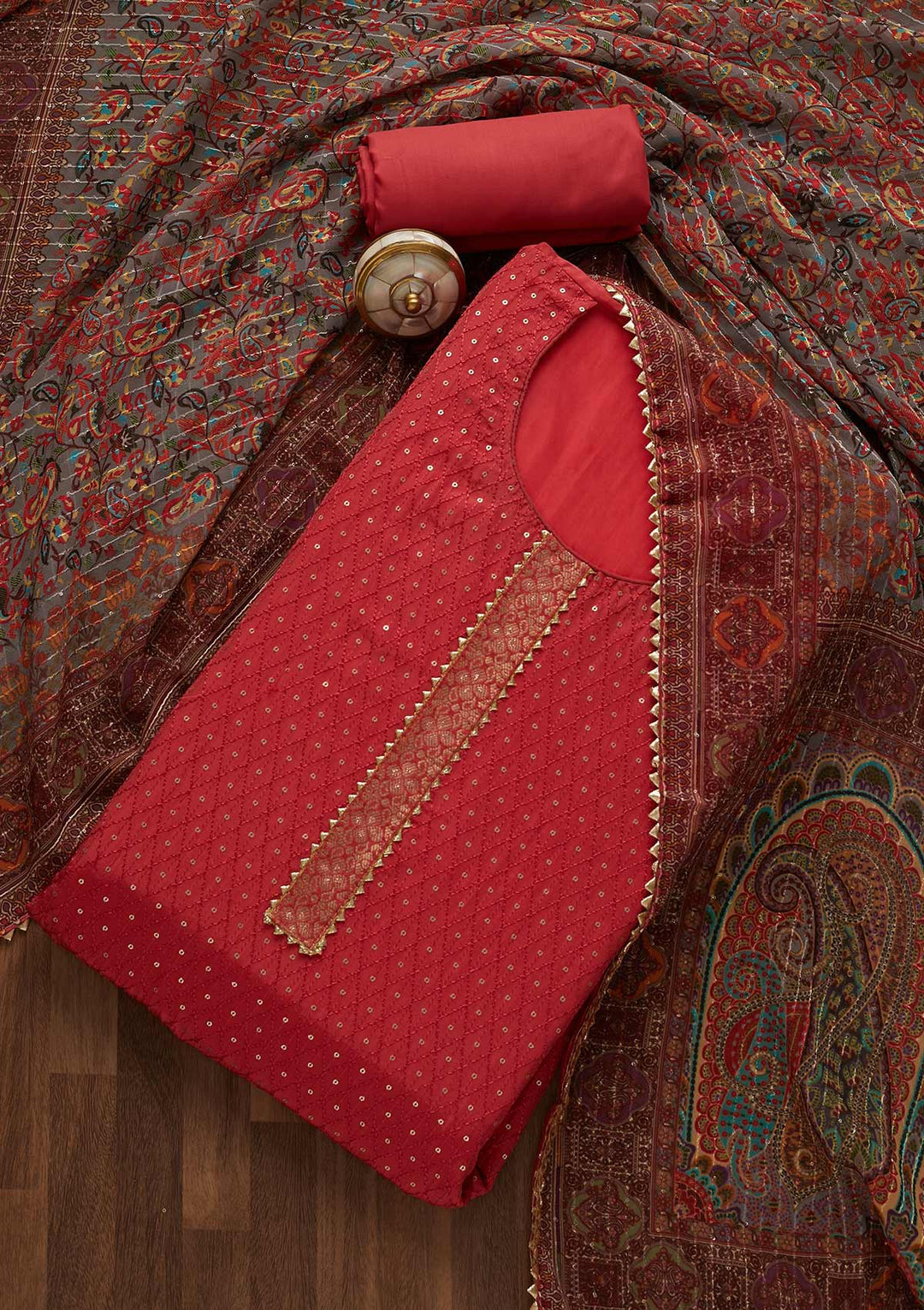 Onion Pink Zariwork Semi Crepe Unstitched Salwar Suit-Koskii