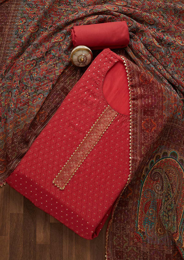 Onion Pink Zariwork Semi Crepe Unstitched Salwar Suit-Koskii