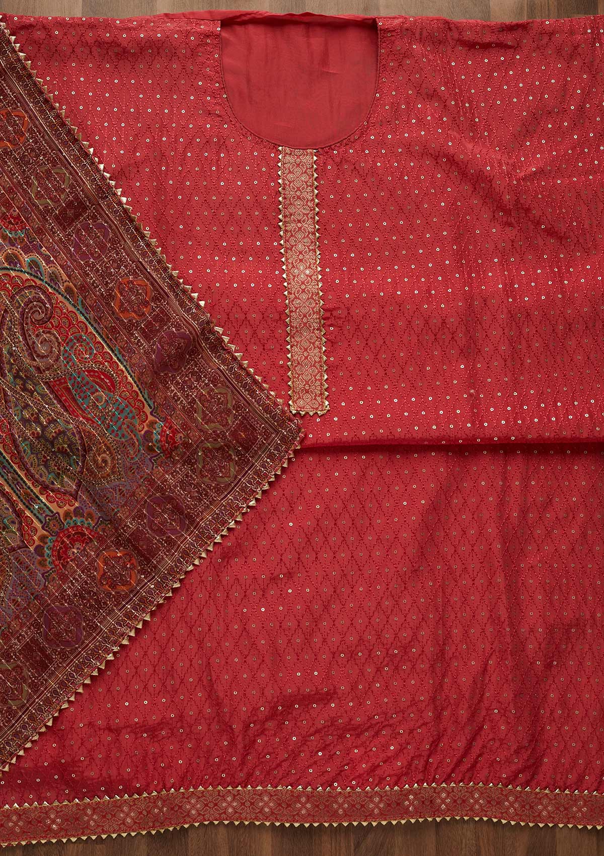 Onion Pink Zariwork Semi Crepe Unstitched Salwar Suit-Koskii