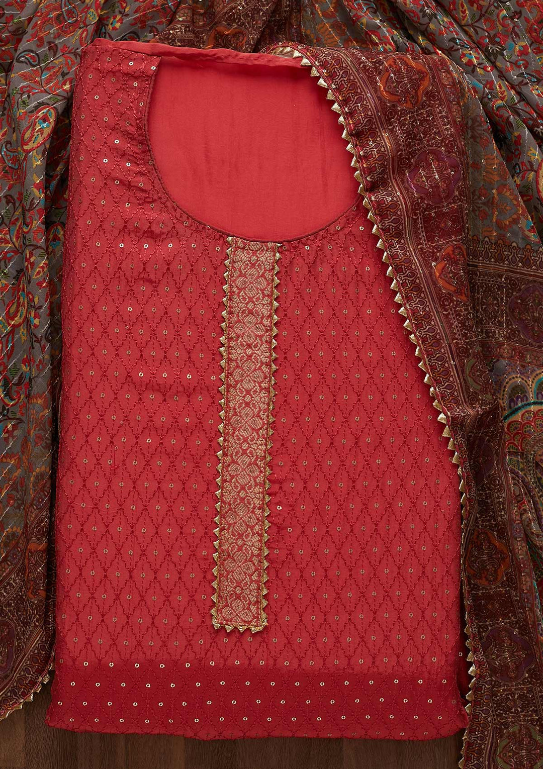Onion Pink Zariwork Semi Crepe Unstitched Salwar Suit-Koskii