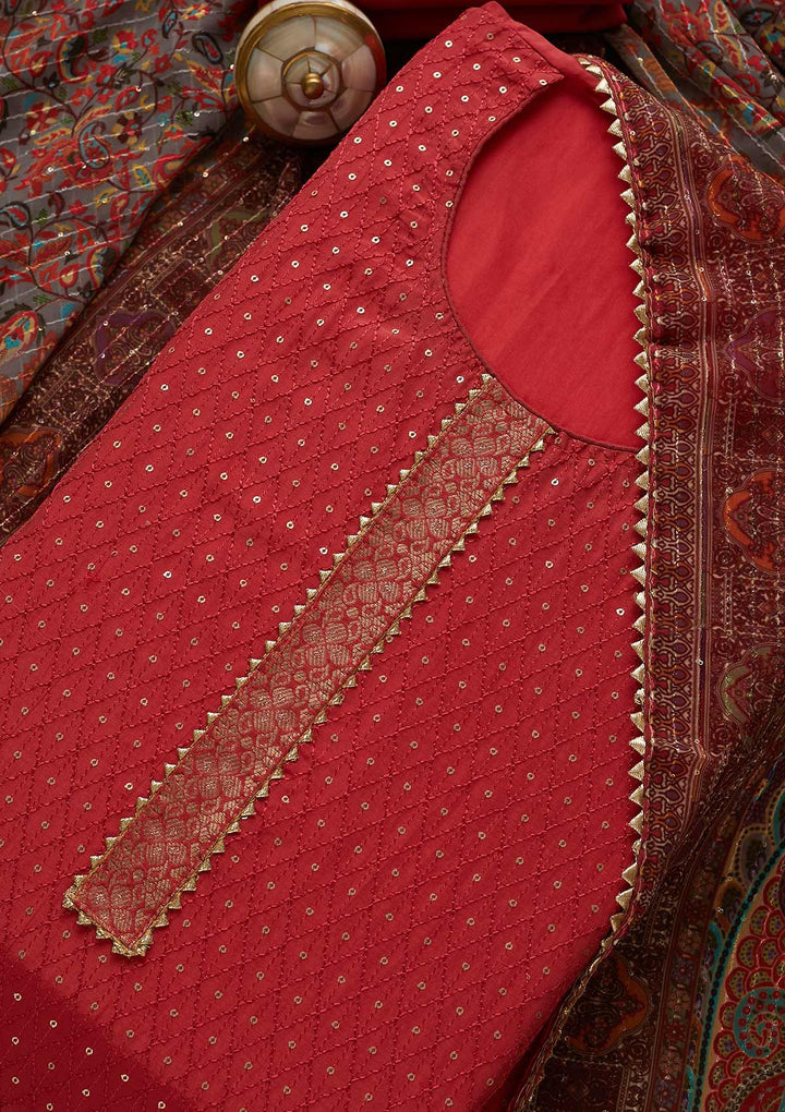 Onion Pink Zariwork Semi Crepe Unstitched Salwar Suit-Koskii