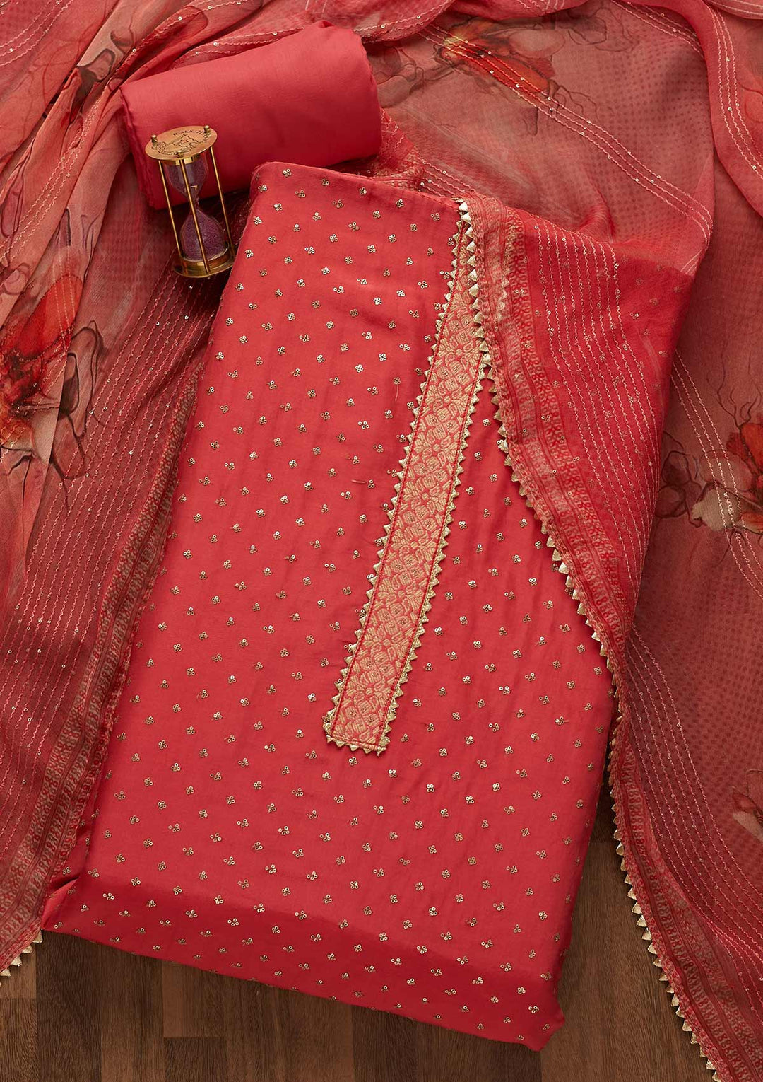 Onion Pink Zariwork Semi Crepe Unstitched Salwar Suit-Koskii