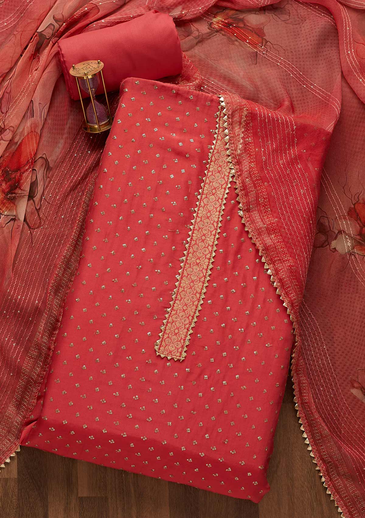Onion Pink Zariwork Semi Crepe Unstitched Salwar Suit-Koskii