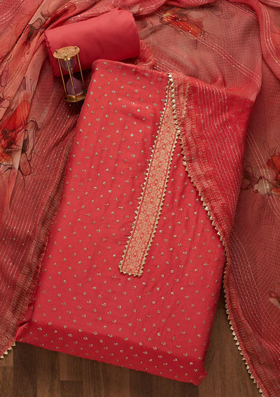 Onion Pink Zariwork Semi Crepe Unstitched Salwar Suit-Koskii