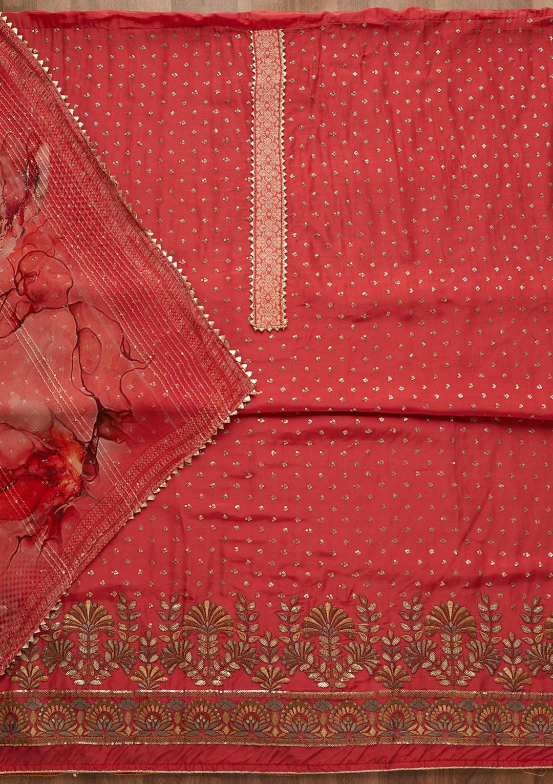 Onion Pink Zariwork Semi Crepe Unstitched Salwar Suit-Koskii