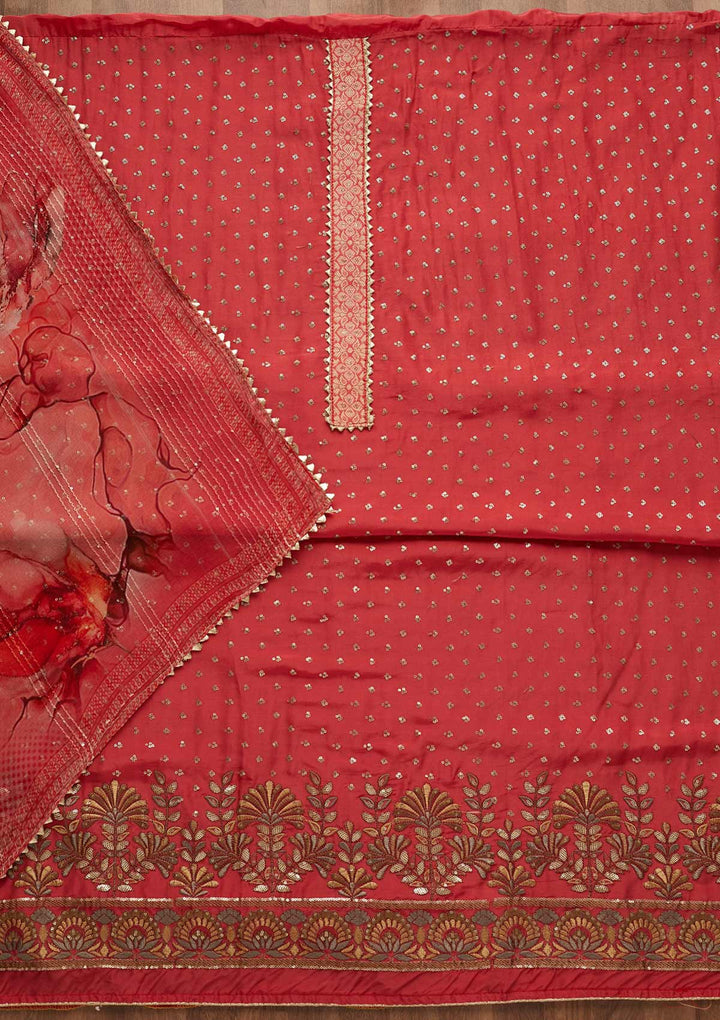Onion Pink Zariwork Semi Crepe Unstitched Salwar Suit-Koskii
