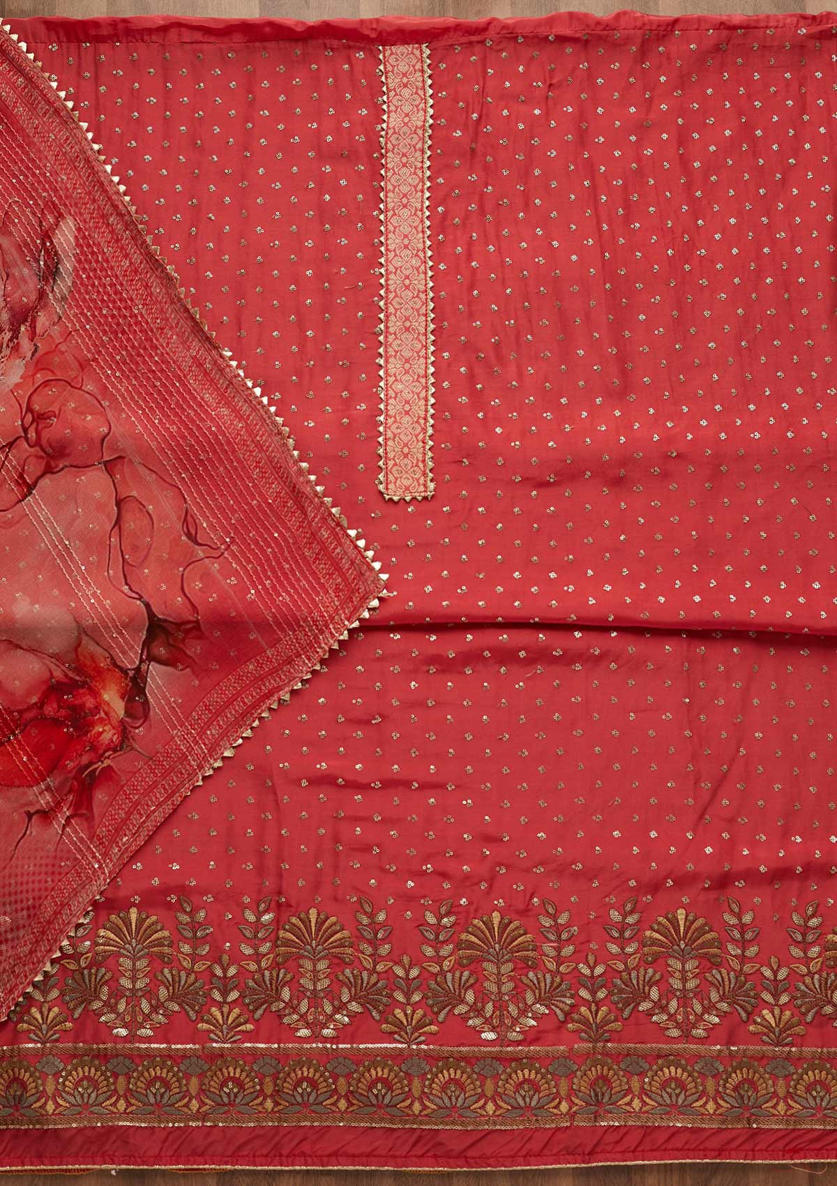 Onion Pink Zariwork Semi Crepe Unstitched Salwar Suit-Koskii