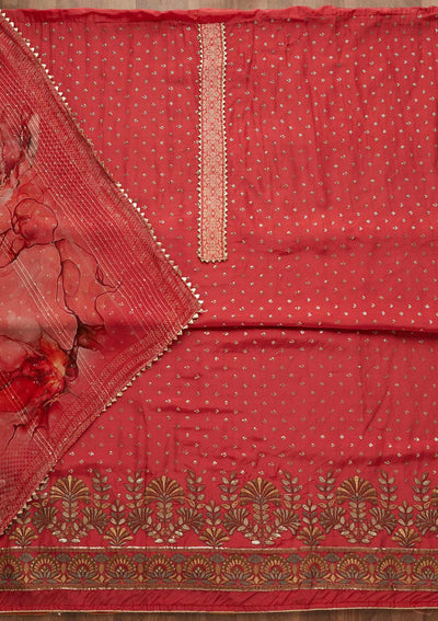 Onion Pink Zariwork Semi Crepe Unstitched Salwar Suit-Koskii