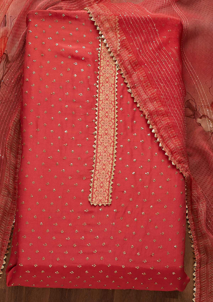 Onion Pink Zariwork Semi Crepe Unstitched Salwar Suit-Koskii