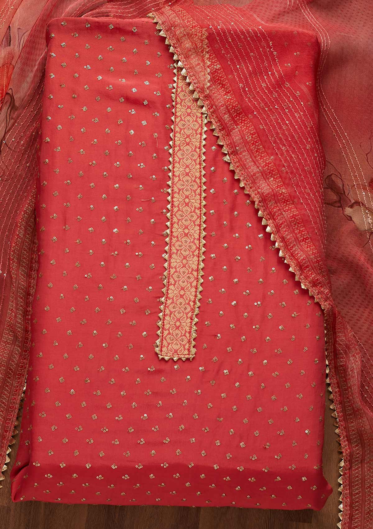 Onion Pink Zariwork Semi Crepe Unstitched Salwar Suit-Koskii