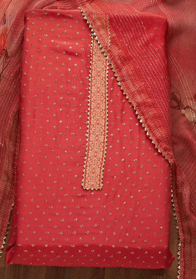 Onion Pink Zariwork Semi Crepe Unstitched Salwar Suit-Koskii