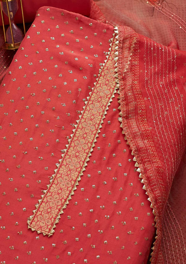 Onion Pink Zariwork Semi Crepe Unstitched Salwar Suit-Koskii