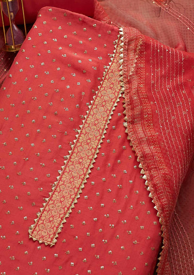 Onion Pink Zariwork Semi Crepe Unstitched Salwar Suit-Koskii
