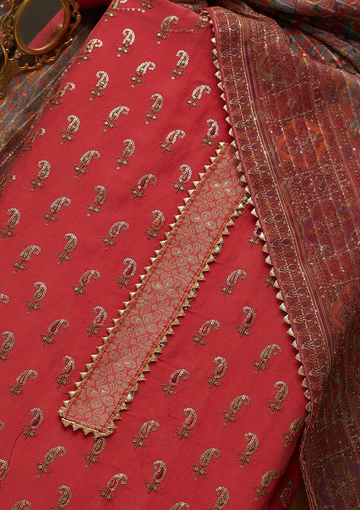 Onion Pink Zariwork Semi Crepe Unstitched Salwar Suit-Koskii