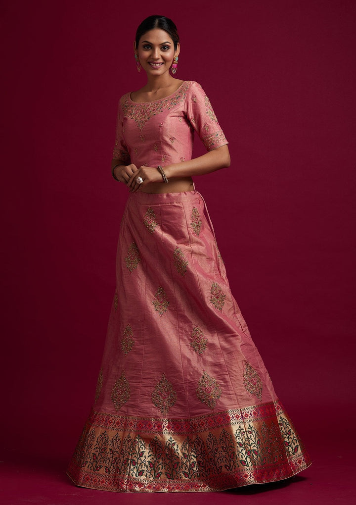 Onion Pink Zariwork Shimmer Designer Semi-Stitched Lehenga - koskii