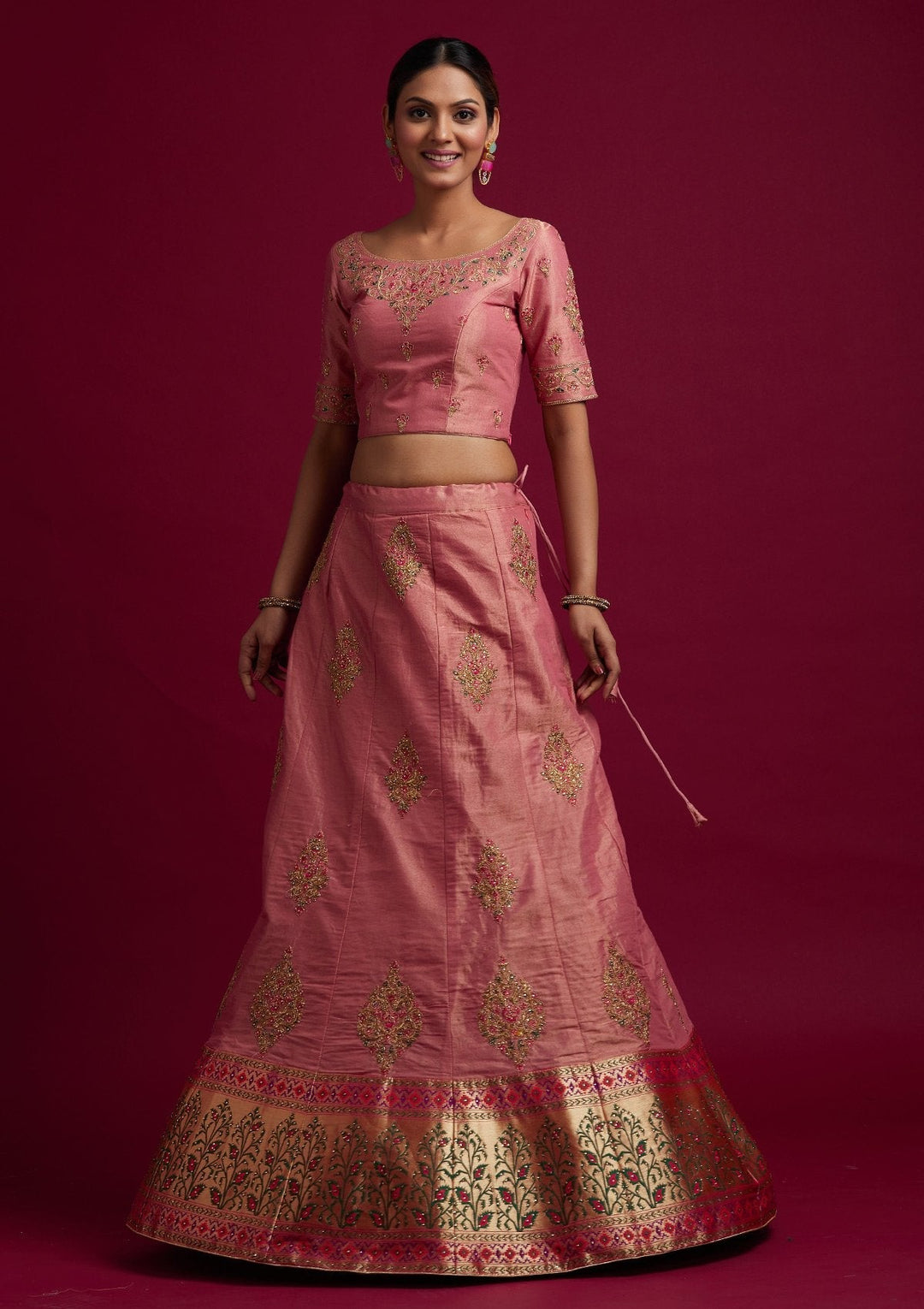 Onion Pink Zariwork Shimmer Designer Semi-Stitched Lehenga - koskii