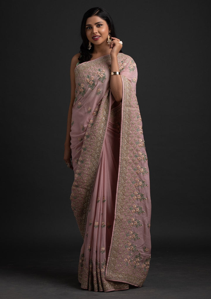 Onion Pink Zariwork Shimmer Designer Saree - koskii