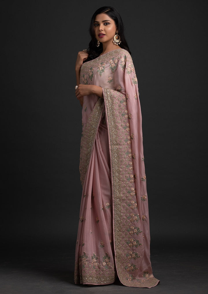 Onion Pink Zariwork Shimmer Designer Saree - koskii