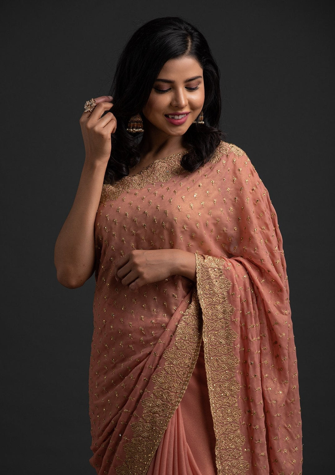 Onion Pink Zariwork Shimmer Designer Saree - koskii