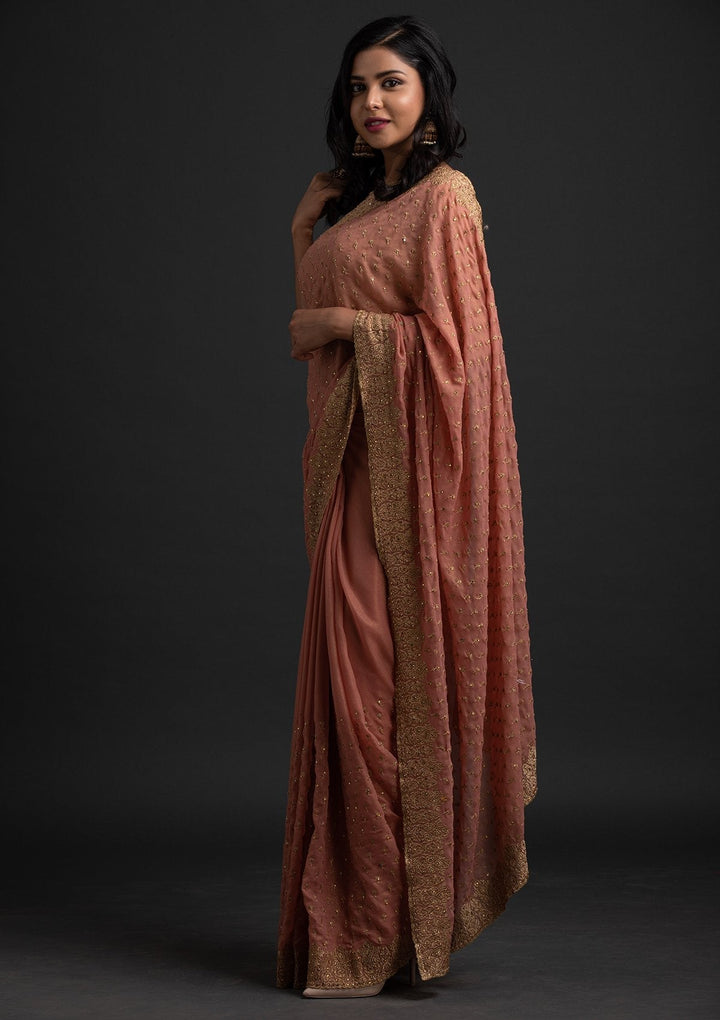 Onion Pink Zariwork Shimmer Designer Saree - koskii