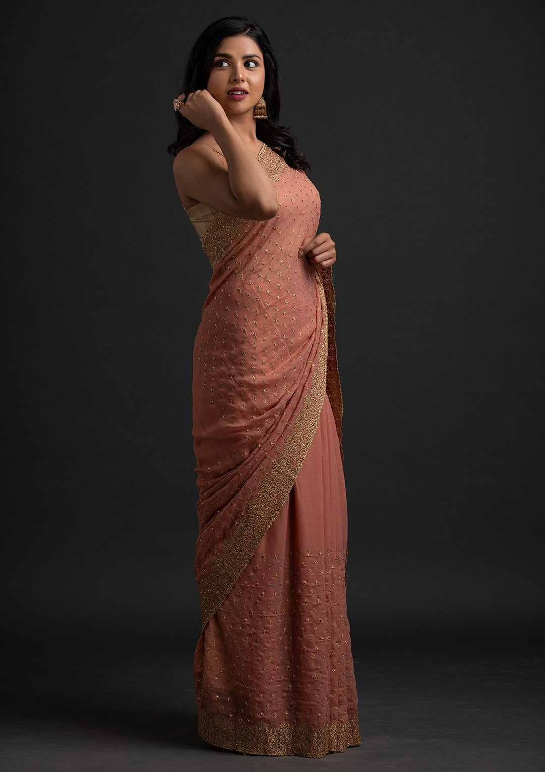 Onion Pink Zariwork Shimmer Designer Saree - koskii