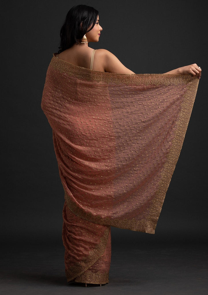 Onion Pink Zariwork Shimmer Designer Saree - koskii